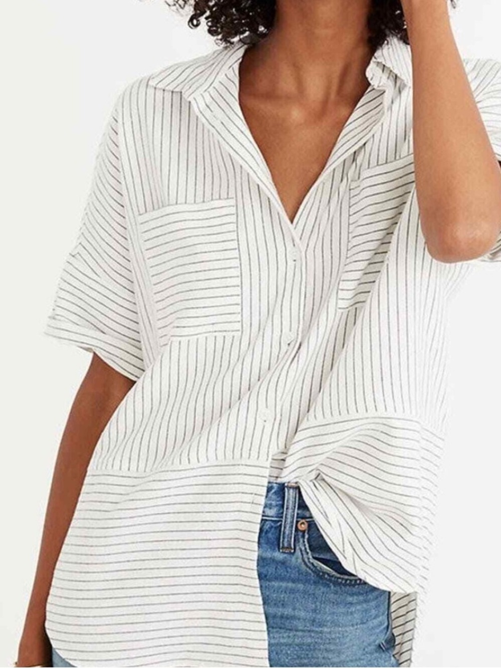 Madewell Courier flannel Striped Button-Front Women's Top White & Black XL H3251